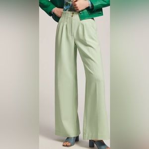 Maeve Green Wide-Leg Pants with Pleated Waist
